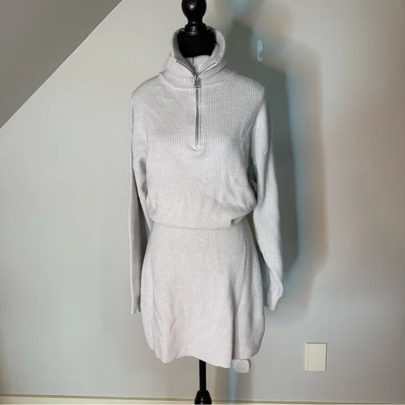 BB DAKOTA Light Grey Soft Knit Sweater Dress Plush High Neck Long Sleeve Large - Picture 4 of 15